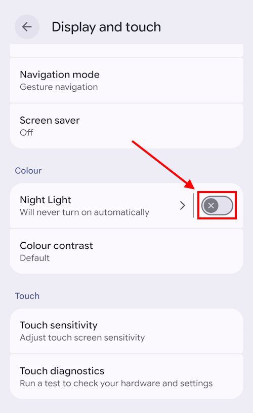 Tap the toggle switch for Night Light to turn it on